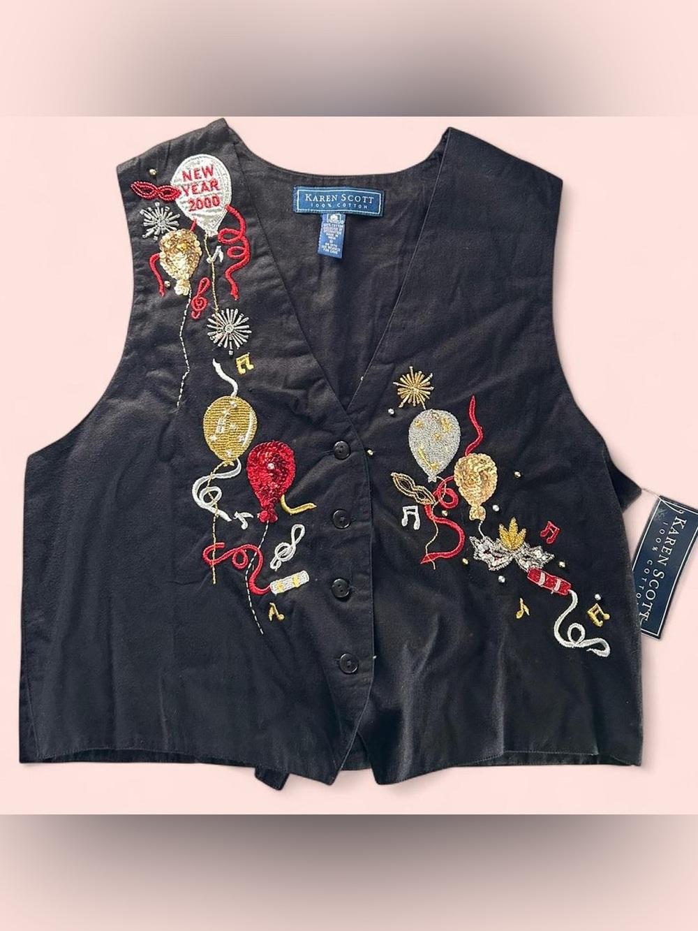 Vintage NWT Karen Scott Festive New Year 2000 Embellished Black Vest